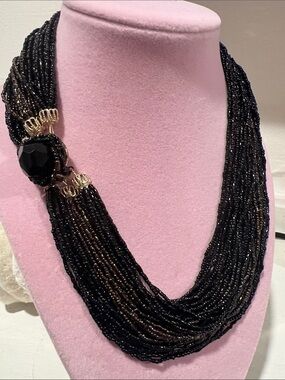Black Multi-Strand Beaded Necklace with Gold Accents